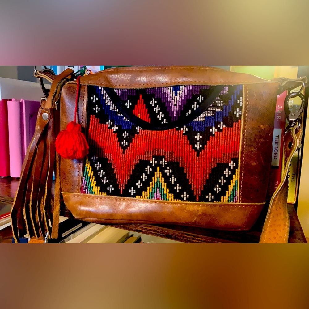 Moon and stars Huipil leather bag